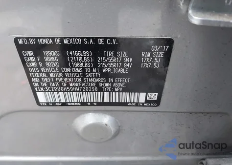 2017 Honda Hr-V Ex from USA, damaged, VIN 3CZRU6H59HM720298